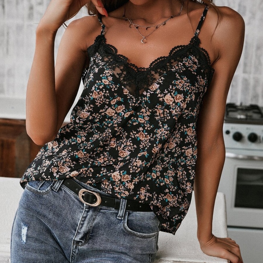 Boho Floral Print V neck Lace trim Cottagecore Cami Top